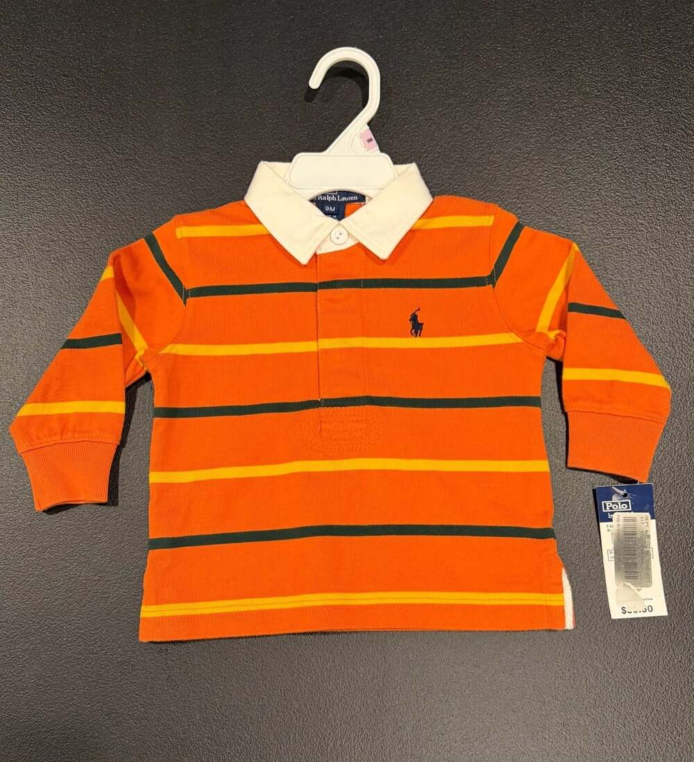 NWT Vintage Y2K Ralph Lauren Striped Long Sleeve Rugby Shirt Size 9M Orange